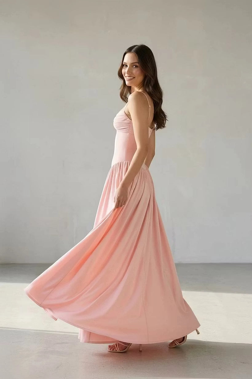 Blushing Pink Satin A-Line Sweetheart Zipper Back Floor-Length Dress Detail - Jimiss