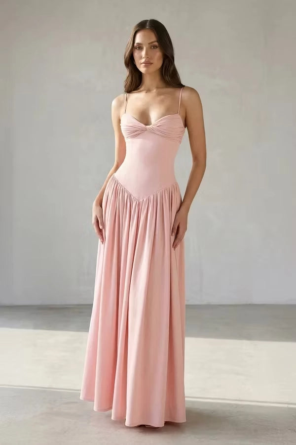 Blushing Pink Satin A-Line Sweetheart Zipper Back Floor-Length Dress Front View - Jimiss