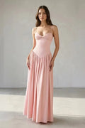 Blushing Pink Satin A-Line Sweetheart Zipper Back Floor-Length Dress Front View - Jimiss