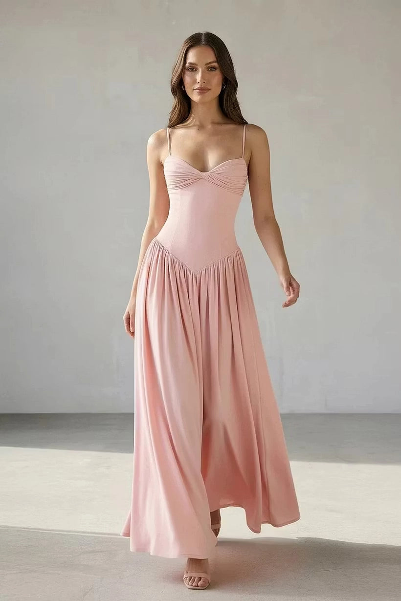 Blushing Pink Satin A-Line Sweetheart Zipper Back Floor-Length Dress Front View - Jimiss