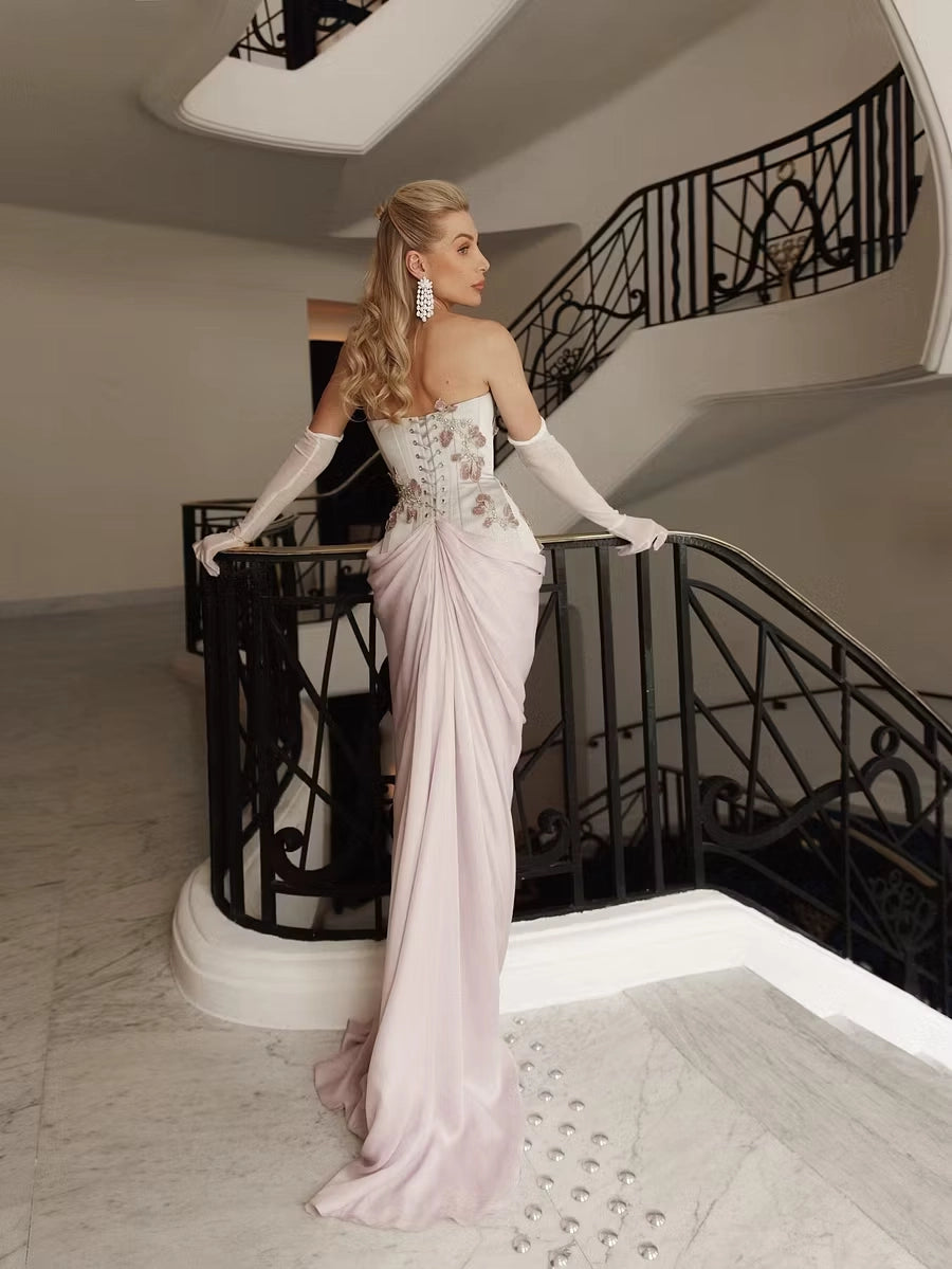 Blushing Pink Satin and Crepe Sheath Column Sweetheart Floor Length Dress Back View - Jimiss
