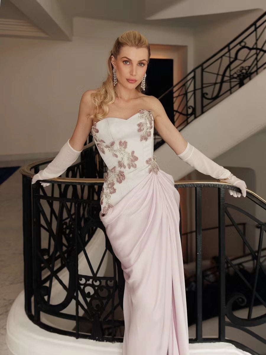 Blushing Pink Satin and Crepe Sheath Column Sweetheart Floor Length Dress Detail - Jimiss