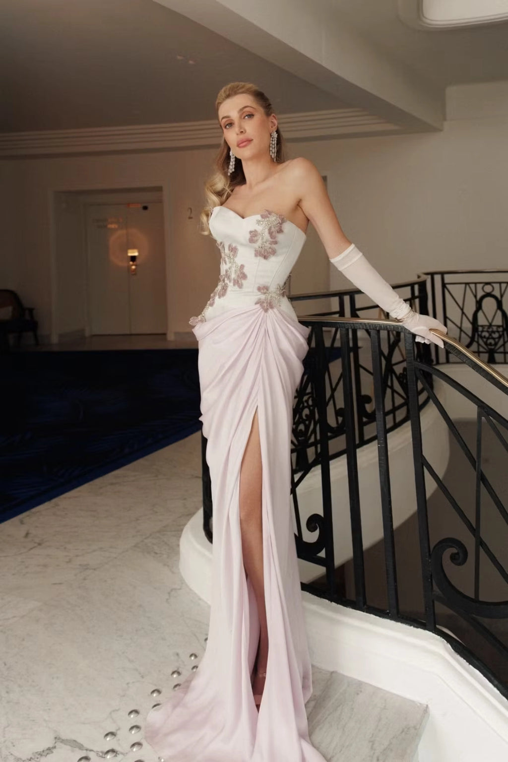 Blushing Pink Satin and Crepe Sheath Column Sweetheart Floor Length Dress Front View - Jimiss