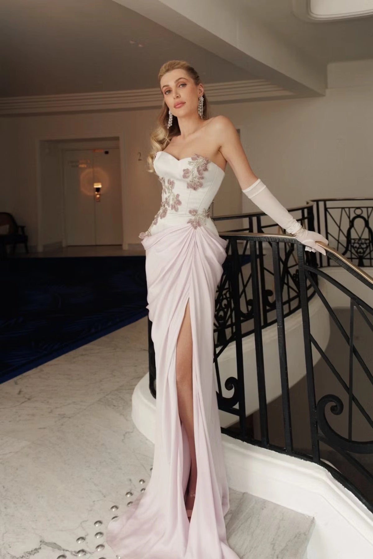 Blushing Pink Satin and Crepe Sheath Column Sweetheart Floor Length Dress Front View - Jimiss