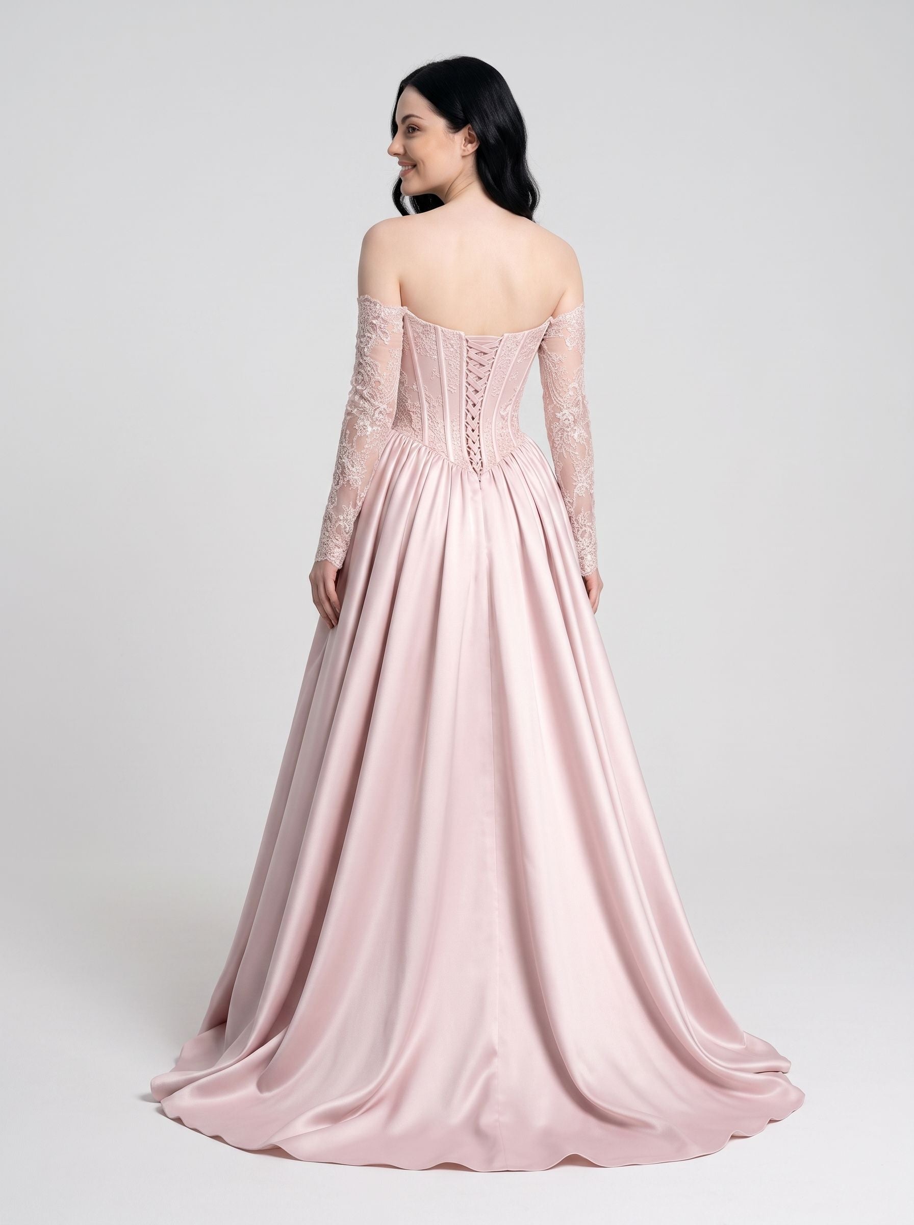 blushing pink Satin and Lace A-Line Sweetheart Floor Length Dress Back View - Jimiss
