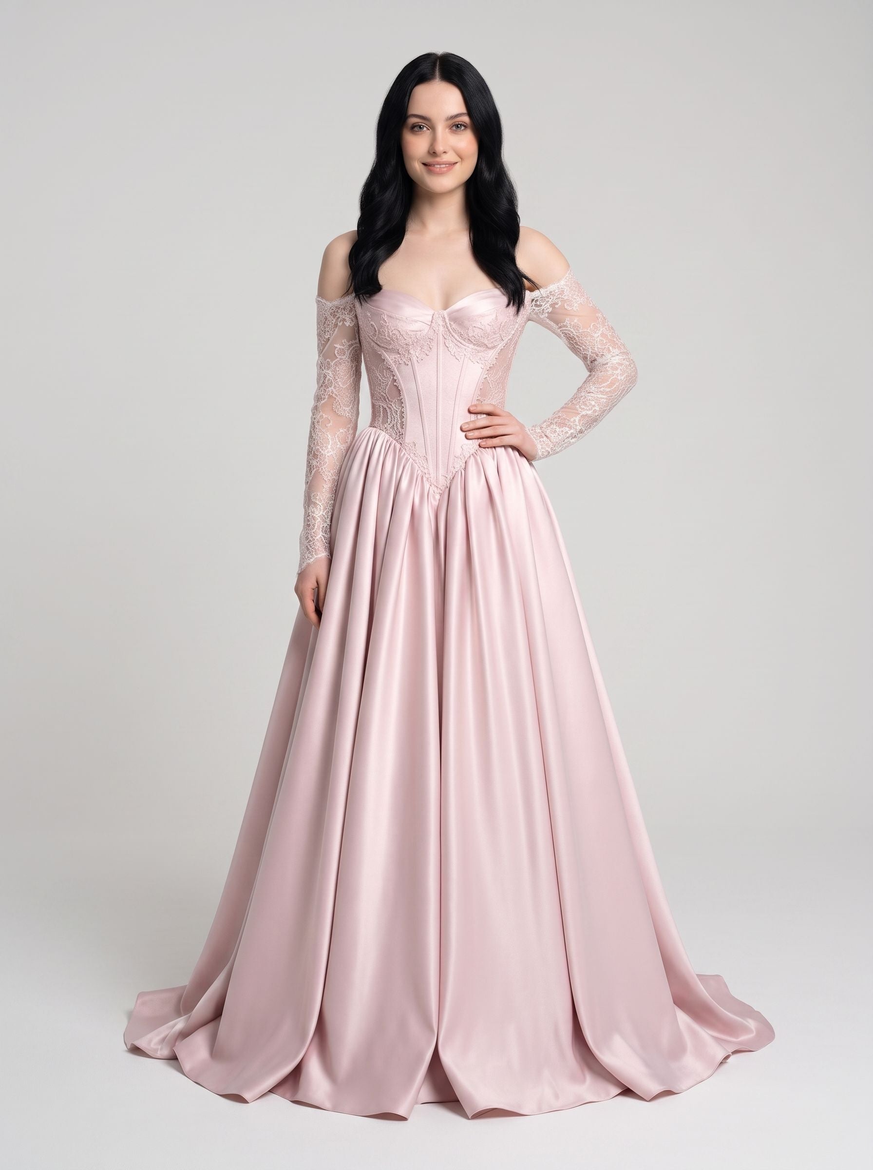 blushing pink Satin and Lace A-Line Sweetheart Floor Length Dress Front View - Jimiss
