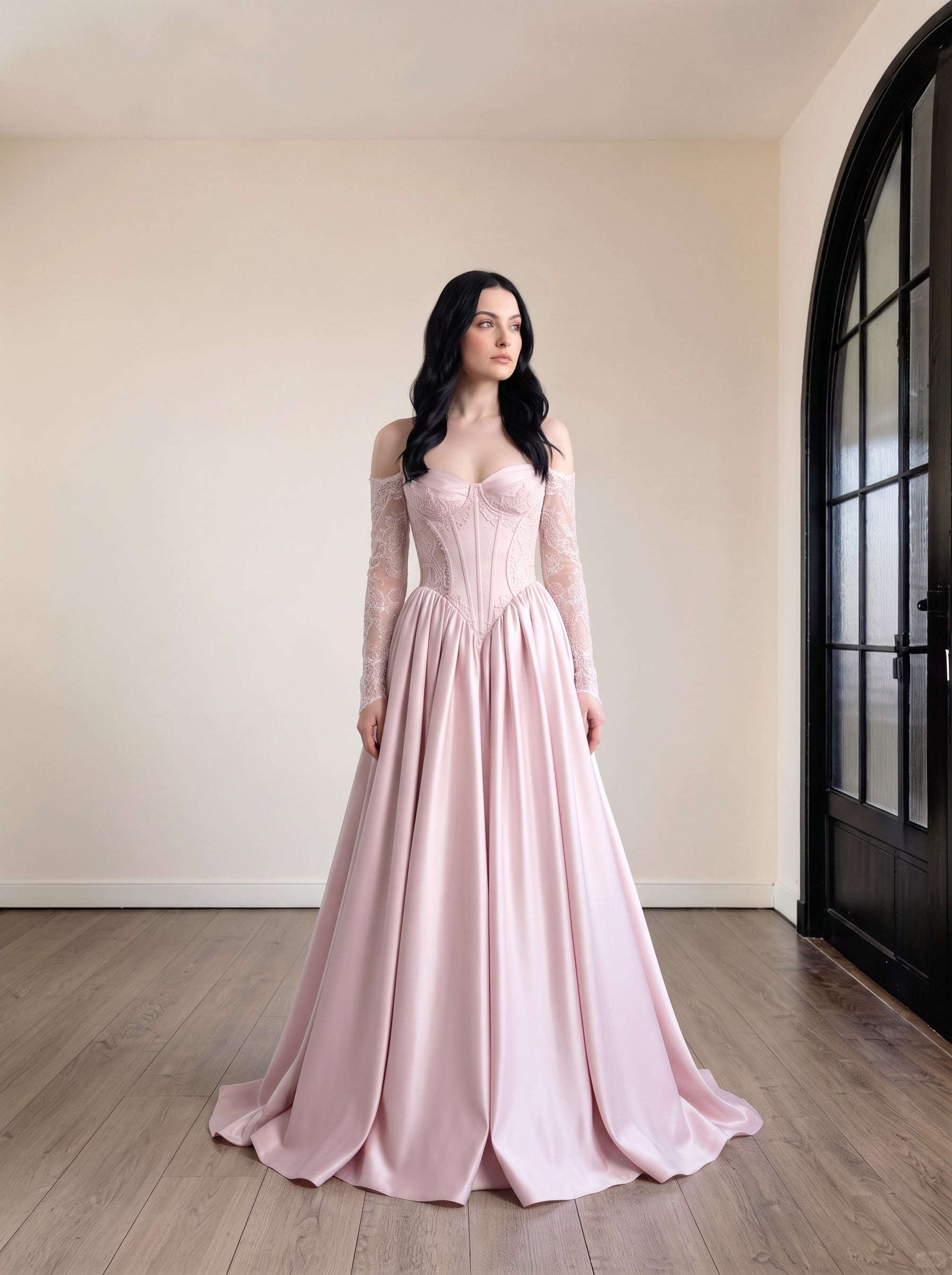 blushing pink Satin and Lace A-Line Sweetheart Floor Length Dress - Jimiss