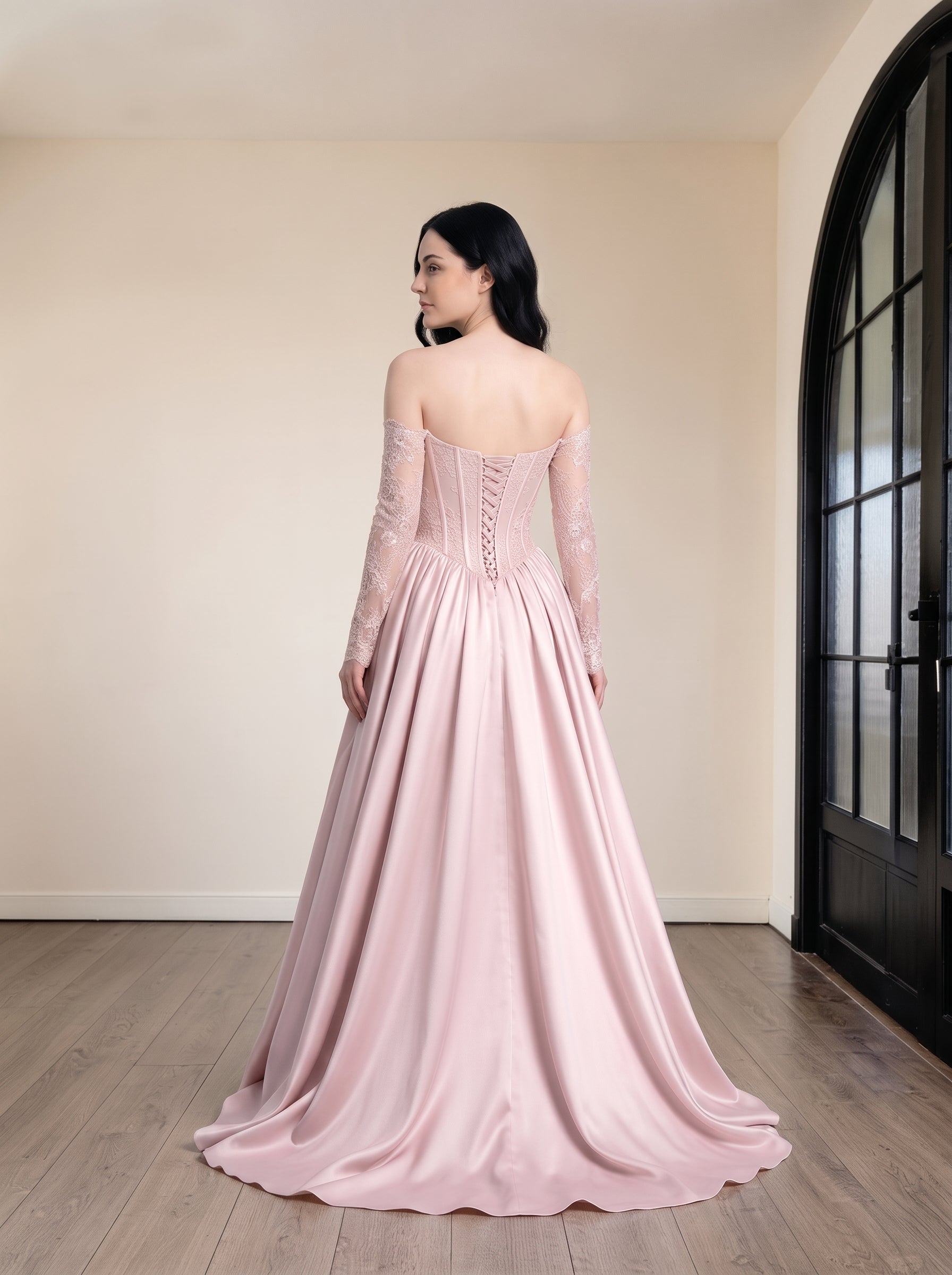 blushing pink Satin and Lace A-Line Sweetheart Floor Length Dress - Jimiss