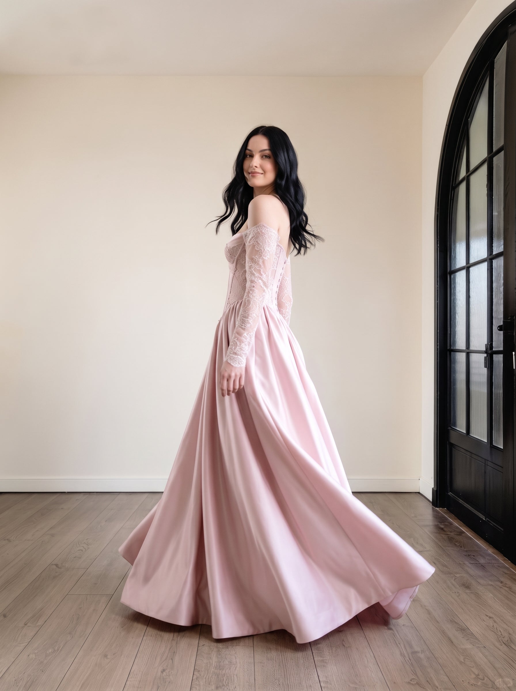 blushing pink Satin and Lace A-Line Sweetheart Floor Length Dress - Jimiss