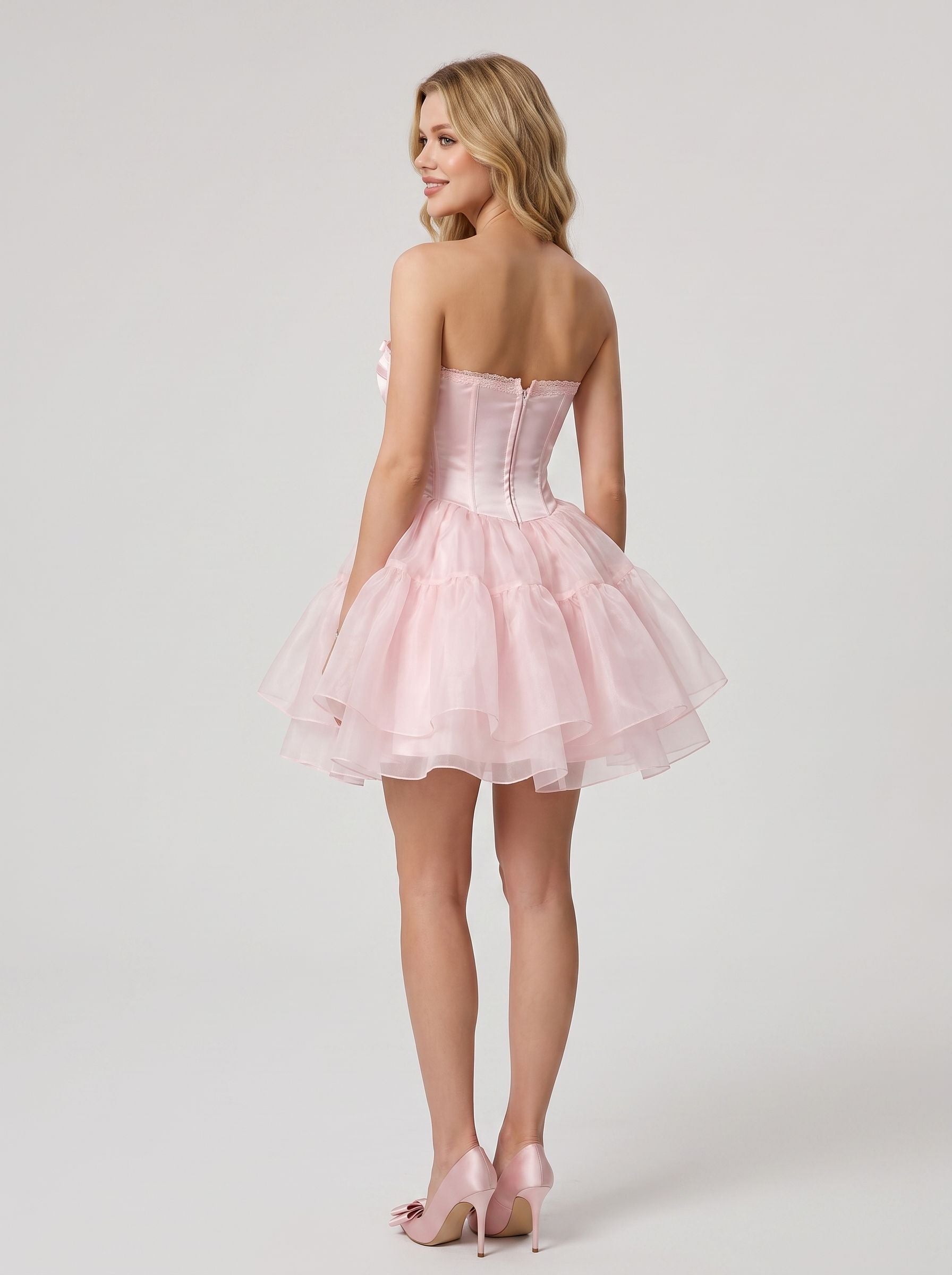 Blushing Pink Satin and Organza A-Line Sweetheart Zipper Back Mini Dress Back View - Jimiss
