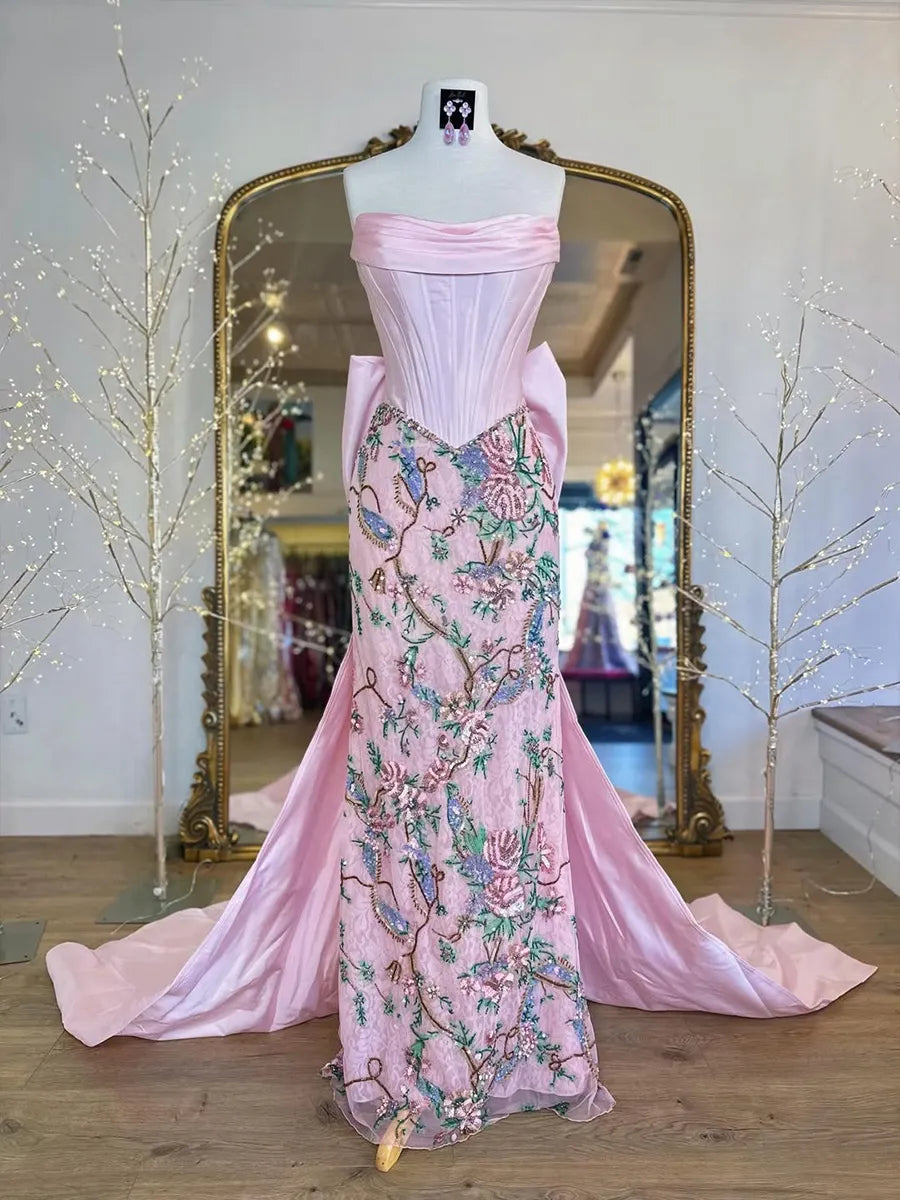 Blushing Pink Satin and Sequin Lace sheath-column strapless floor-length Dress - Jimiss