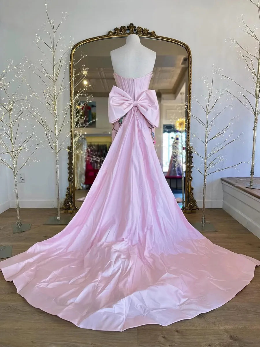 Blushing Pink Satin and Sequin Lace sheath-column strapless floor-length Dress - Jimiss