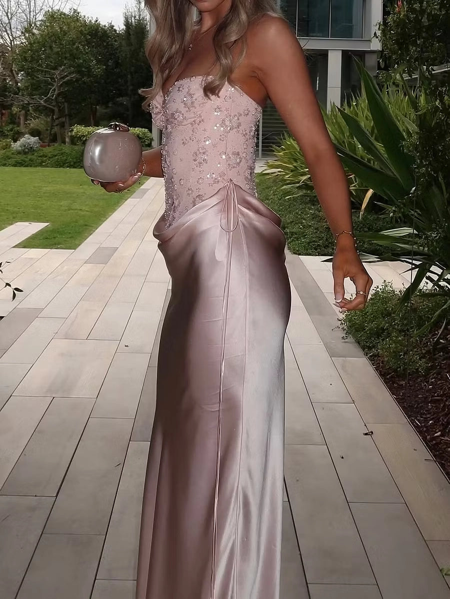 Blushing Pink Satin and Sequin Mesh sheath-column sweetheart floor-length Dress Detail - Jimiss