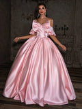 Blushing Pink Satin Ball Gown Off The Shoulder Lace Up Back Floor Length Dress - Jimiss