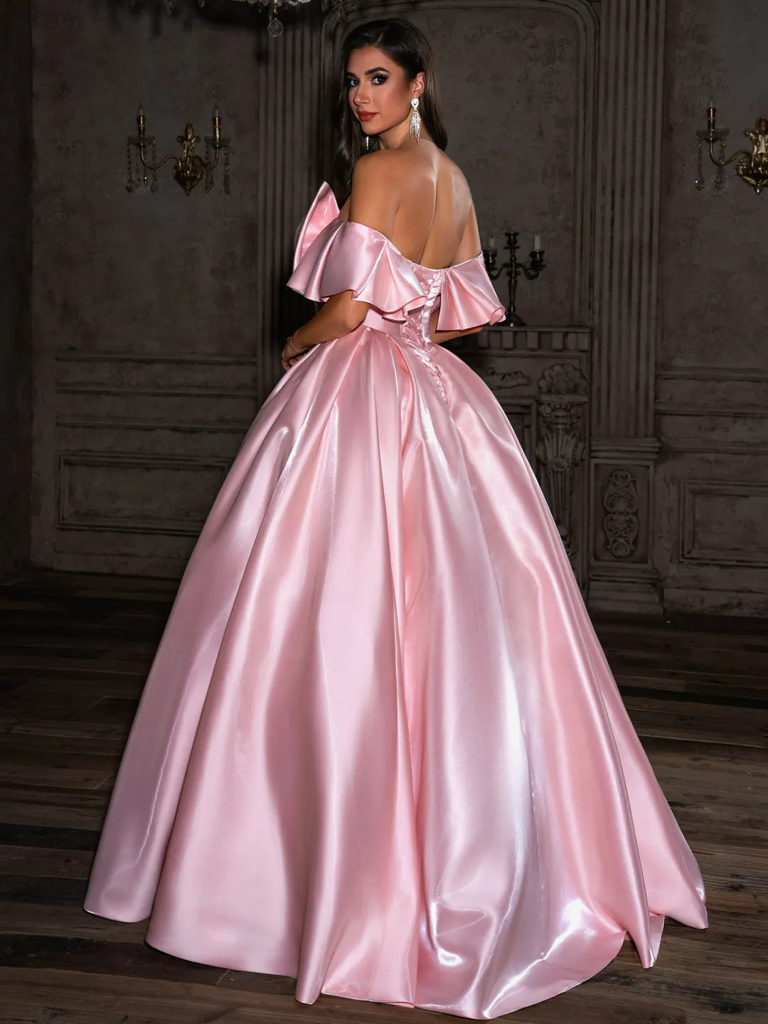 Blushing Pink Satin Ball Gown Off The Shoulder Lace Up Back Floor Length Dress - Jimiss