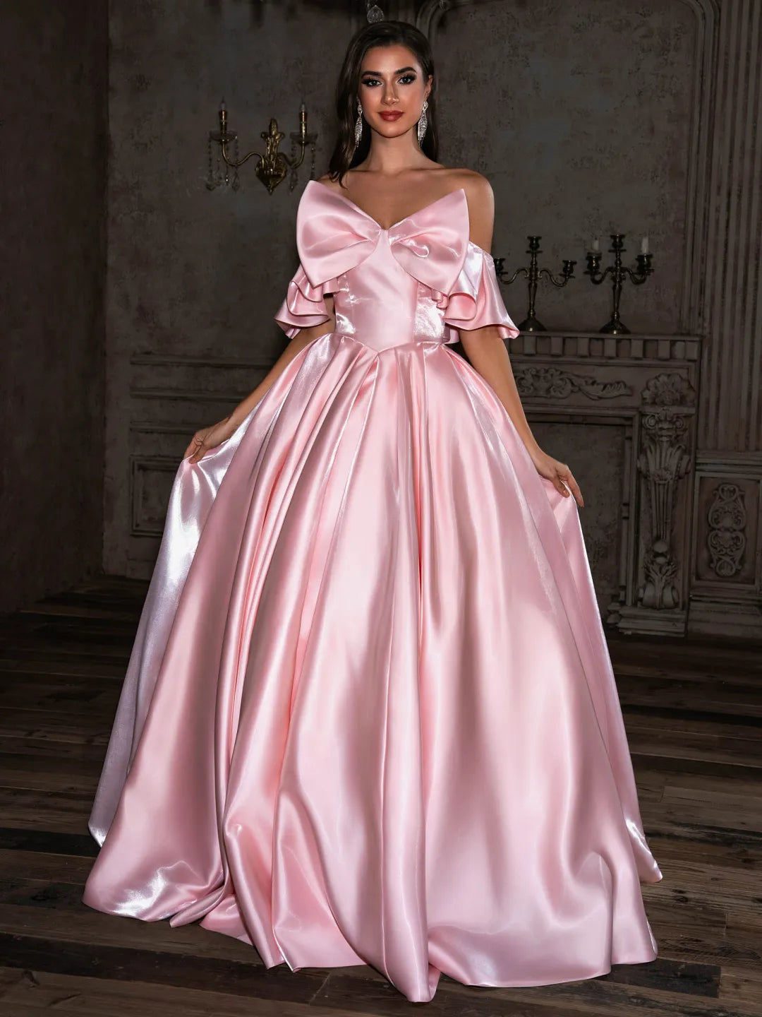 Blushing Pink Satin Ball Gown Off The Shoulder Lace Up Back Floor Length Dress - Jimiss