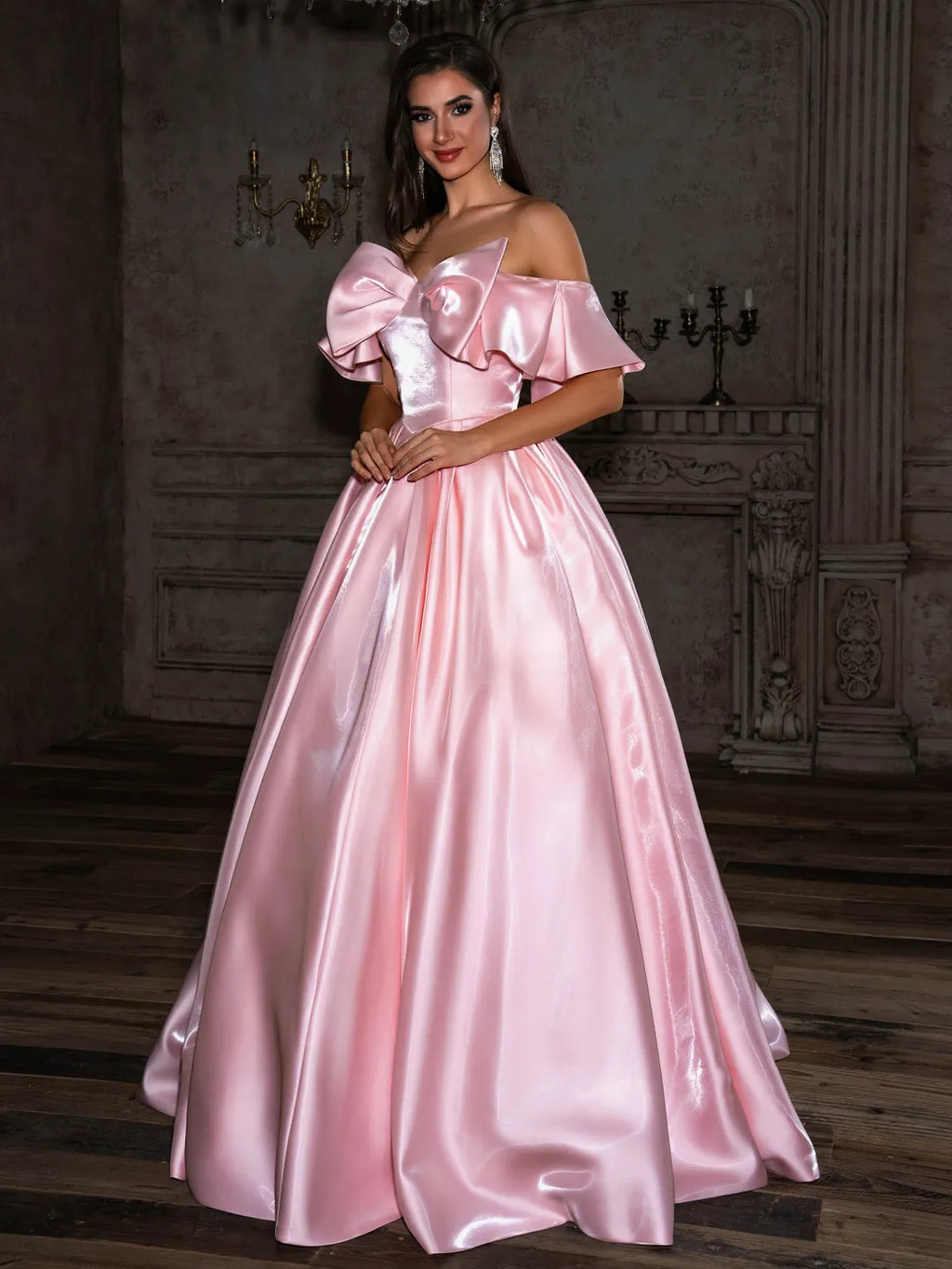 Blushing Pink Satin Ball Gown Off The Shoulder Lace Up Back Floor Length Dress - Jimiss