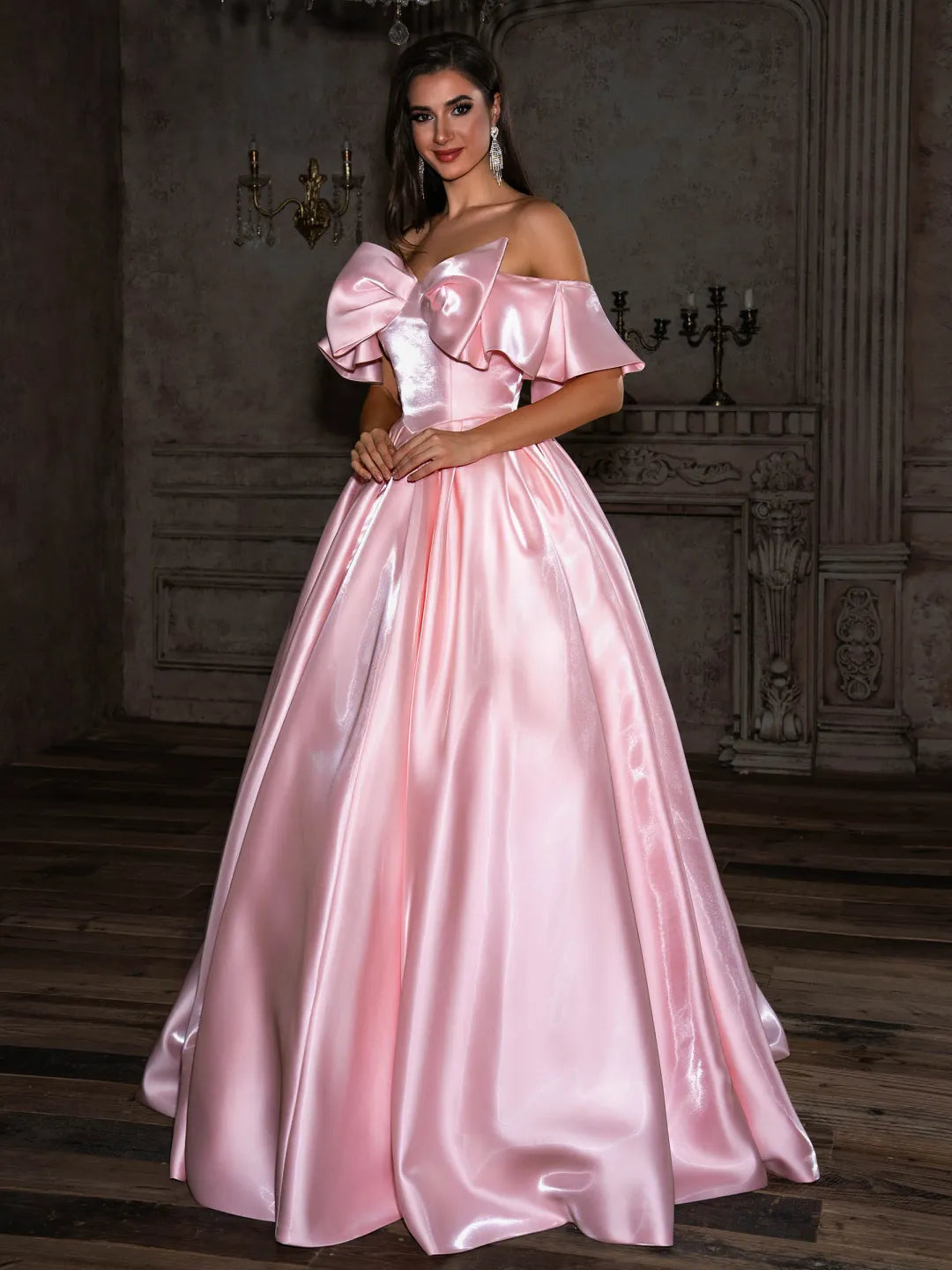 Blushing Pink Satin Ball Gown Off The Shoulder Lace Up Back Floor Length Dress - Jimiss
