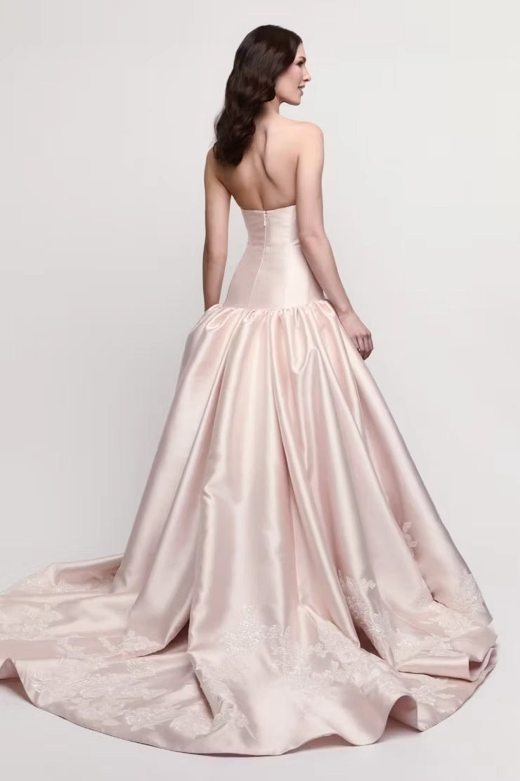 Blushing Pink Satin ball-gown straight-across zipper-back floor-length Dress Back View - Jimiss