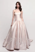 Blushing Pink Satin ball-gown straight-across zipper-back floor-length Dress Front View - Jimiss