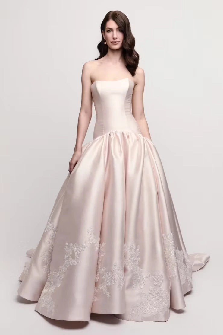 Blushing Pink Satin ball-gown straight-across zipper-back floor-length Dress Front View - Jimiss