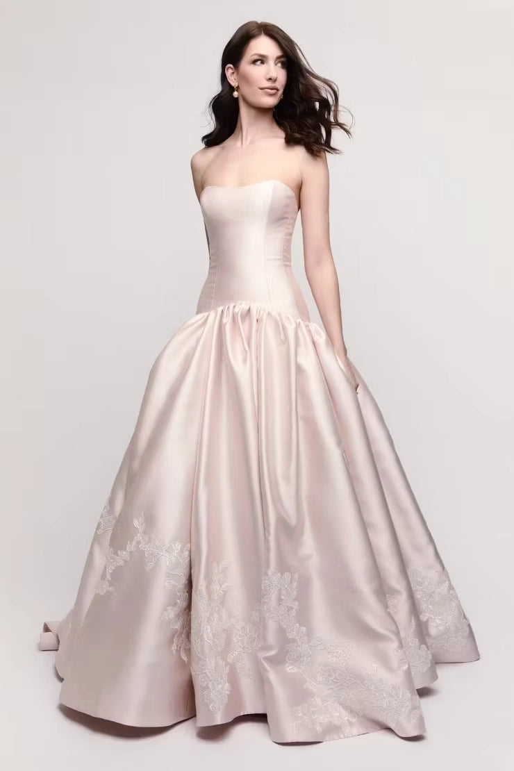 Blushing Pink Satin ball-gown straight-across zipper-back floor-length Dress Front View - Jimiss