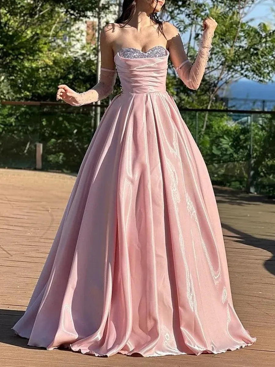 Blushing Pink Satin ball-gown sweetheart lace-up-back floor-length Dress - Jimiss