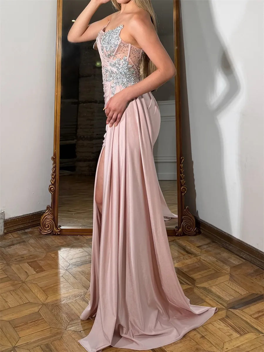 Blushing Pink Satin Sequin Sheath-Column Sweetheart Low-Back Floor-Length Dress - Jimiss