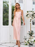 Blushing Pink Satin Sheath Column Cowl Neck Scoop Back Ankle-Length Dress - Jimiss