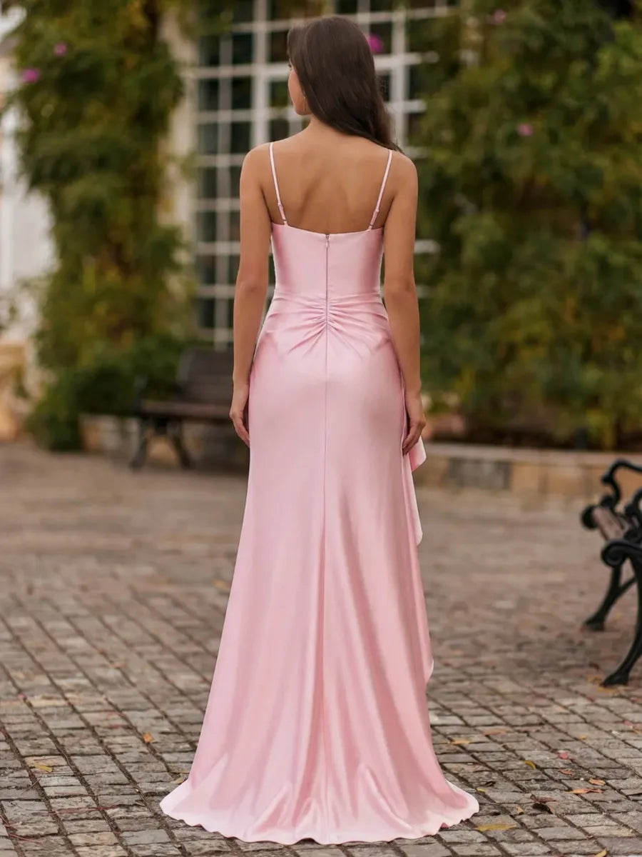 Blushing Pink Satin sheath-column square-neck zipper-back floor-length Dress - Jimiss