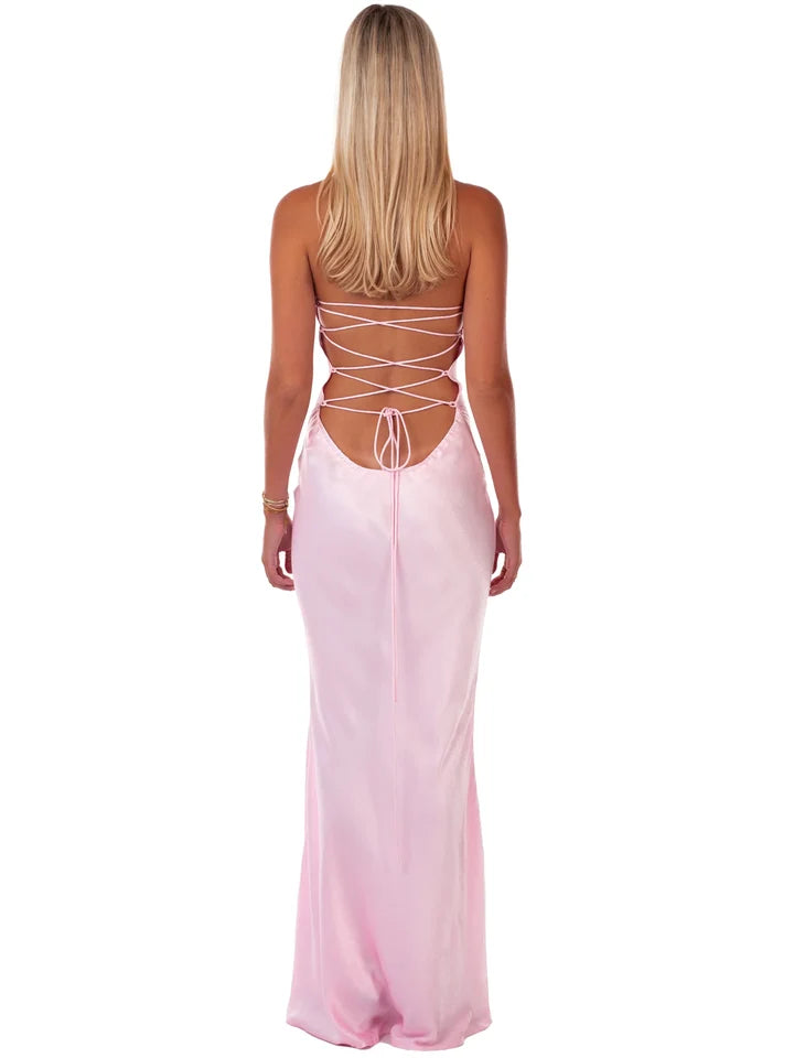 Blushing Pink Satin Sheath-Column Sweetheart Lace-Up Floor-Length Dress Back View - Jimiss