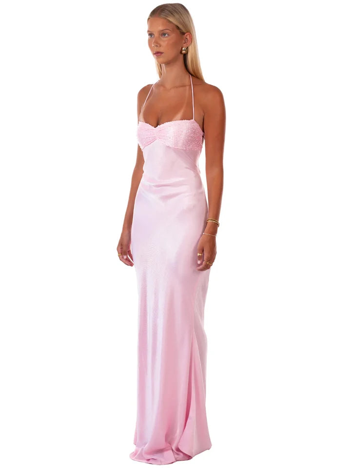 Blushing Pink Satin Sheath-Column Sweetheart Lace-Up Floor-Length Dress Detail - Jimiss