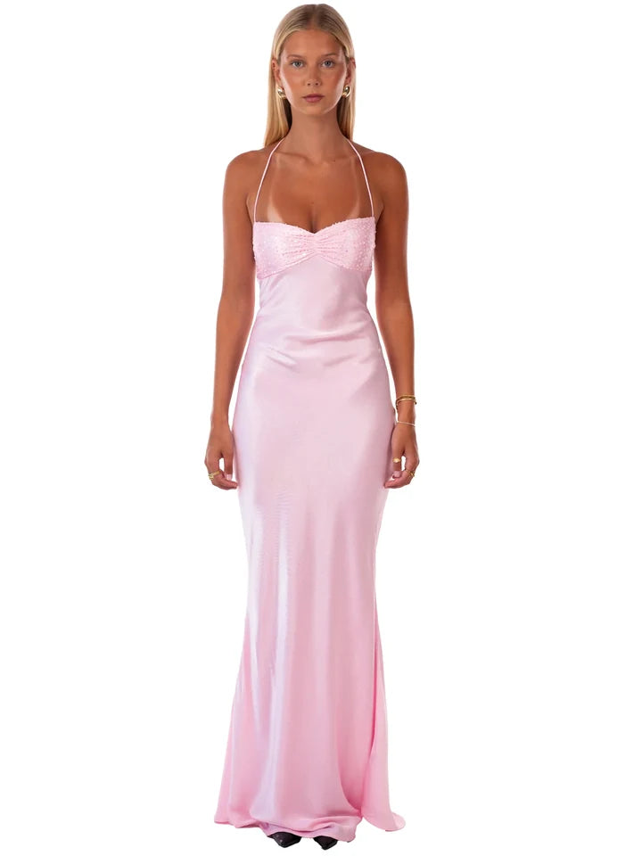 Blushing Pink Satin Sheath-Column Sweetheart Lace-Up Floor-Length Dress Front View - Jimiss