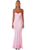 Blushing Pink Satin Sheath-Column Sweetheart Lace-Up Floor-Length Dress Front View - Jimiss