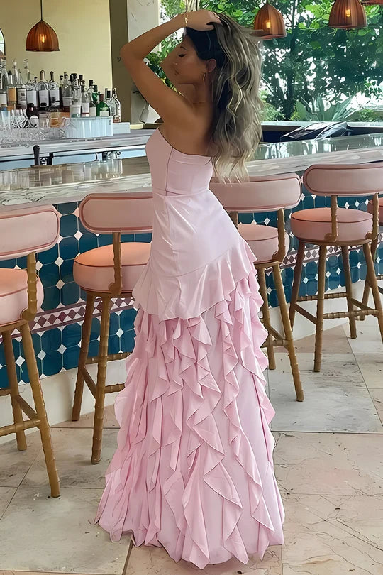 Blushing Pink Satin tiered straight-across zipper-back floor-length Dress Back View - Jimiss