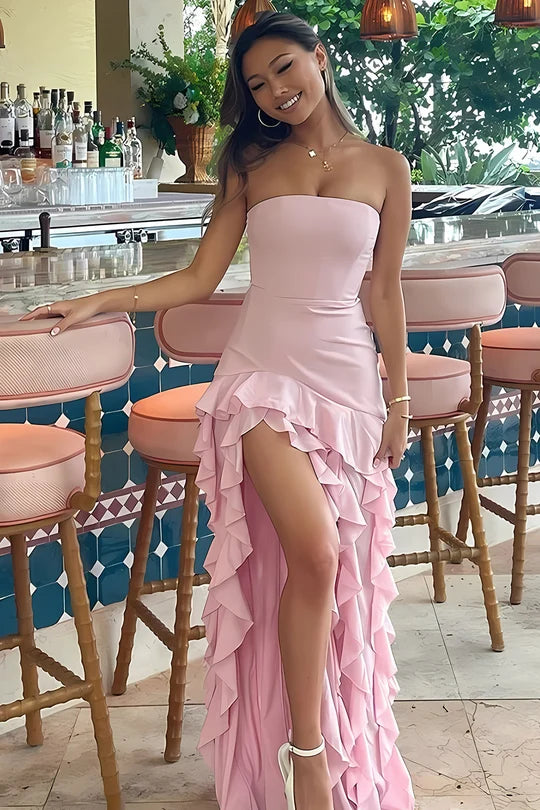 Blushing Pink Satin tiered straight-across zipper-back floor-length Dress Front View - Jimiss