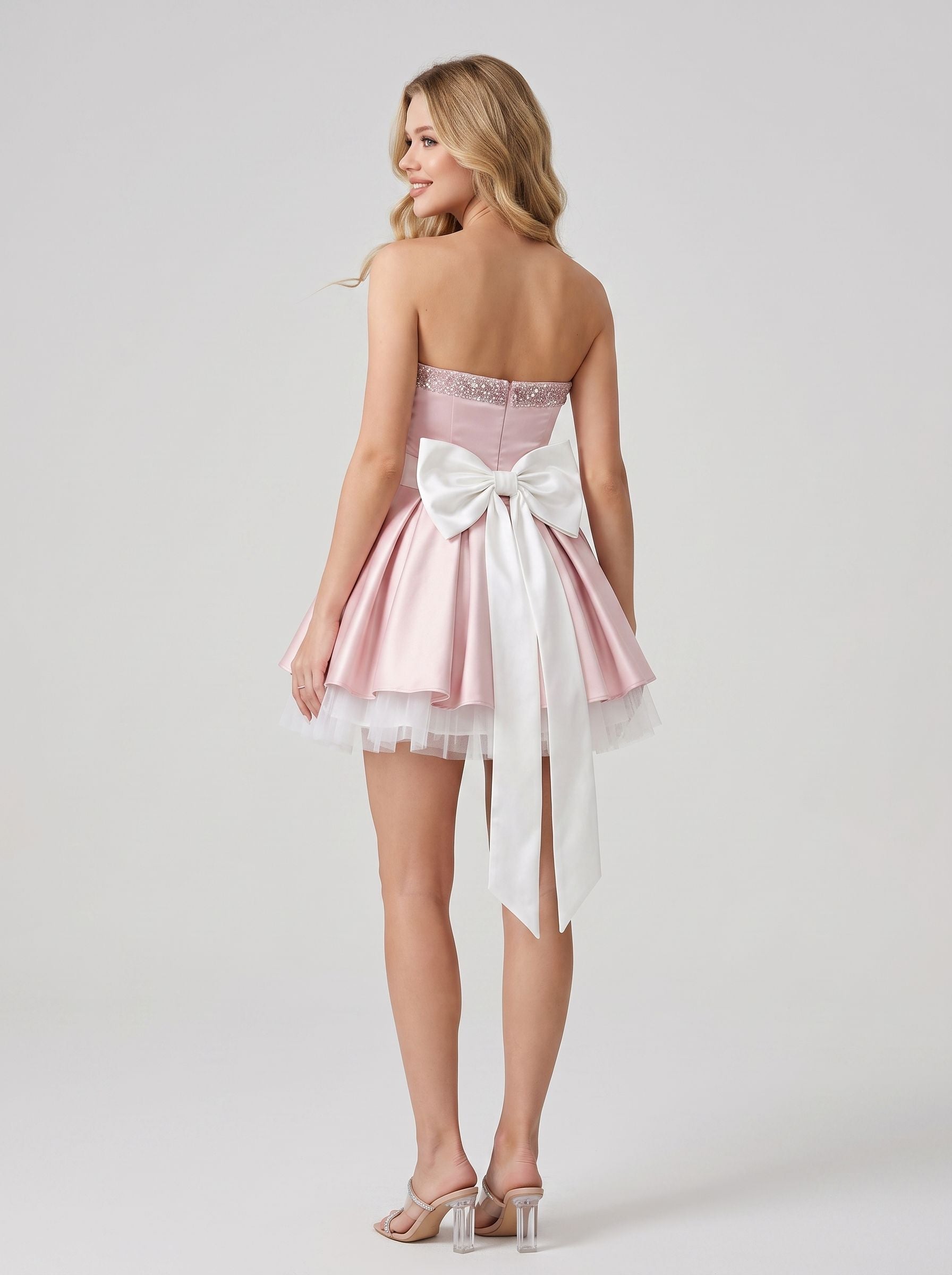 Blushing Pink Satin & Tulle A-Line Sweetheart Mini Dress - Jimiss