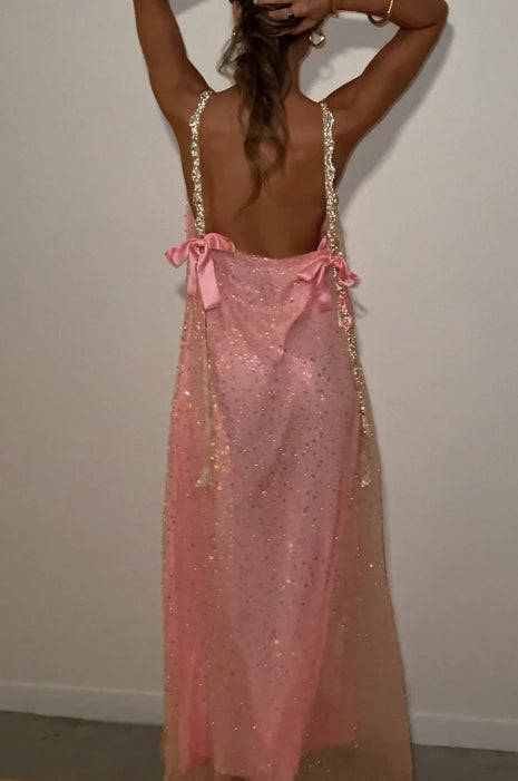 Blushing Pink Sequin Mesh Sheath Column Cowl Neck Floor Length Dress Back View - Jimiss