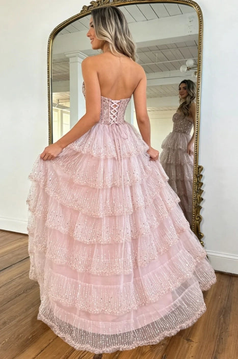 Blushing Pink Sequin Tulle A-Line Sweetheart Floor-Length Dress Back View - Jimiss