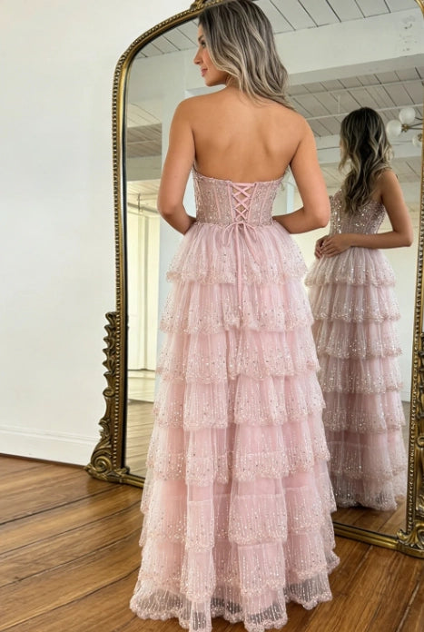 Blushing Pink Sequin Tulle A-Line Sweetheart Floor-Length Dress Back View - Jimiss