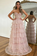 Blushing Pink Sequin Tulle A-Line Sweetheart Floor-Length Dress Front View - Jimiss