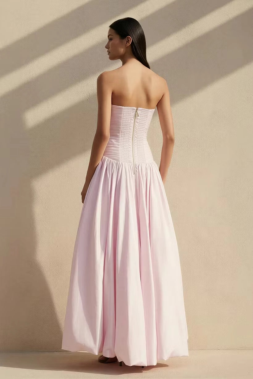 Blushing Pink Taffeta A-Line Straight Across Zipper Back Floor Length Dress Back View - Jimiss