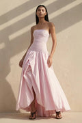 Blushing Pink Taffeta A-Line Straight Across Zipper Back Floor Length Dress Front View - Jimiss