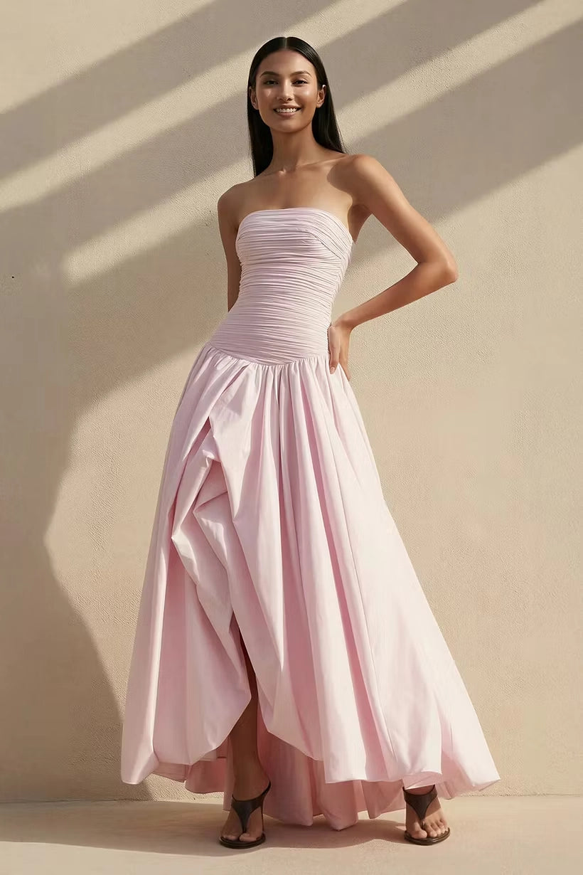 Blushing Pink Taffeta A-Line Straight Across Zipper Back Floor Length Dress Front View - Jimiss