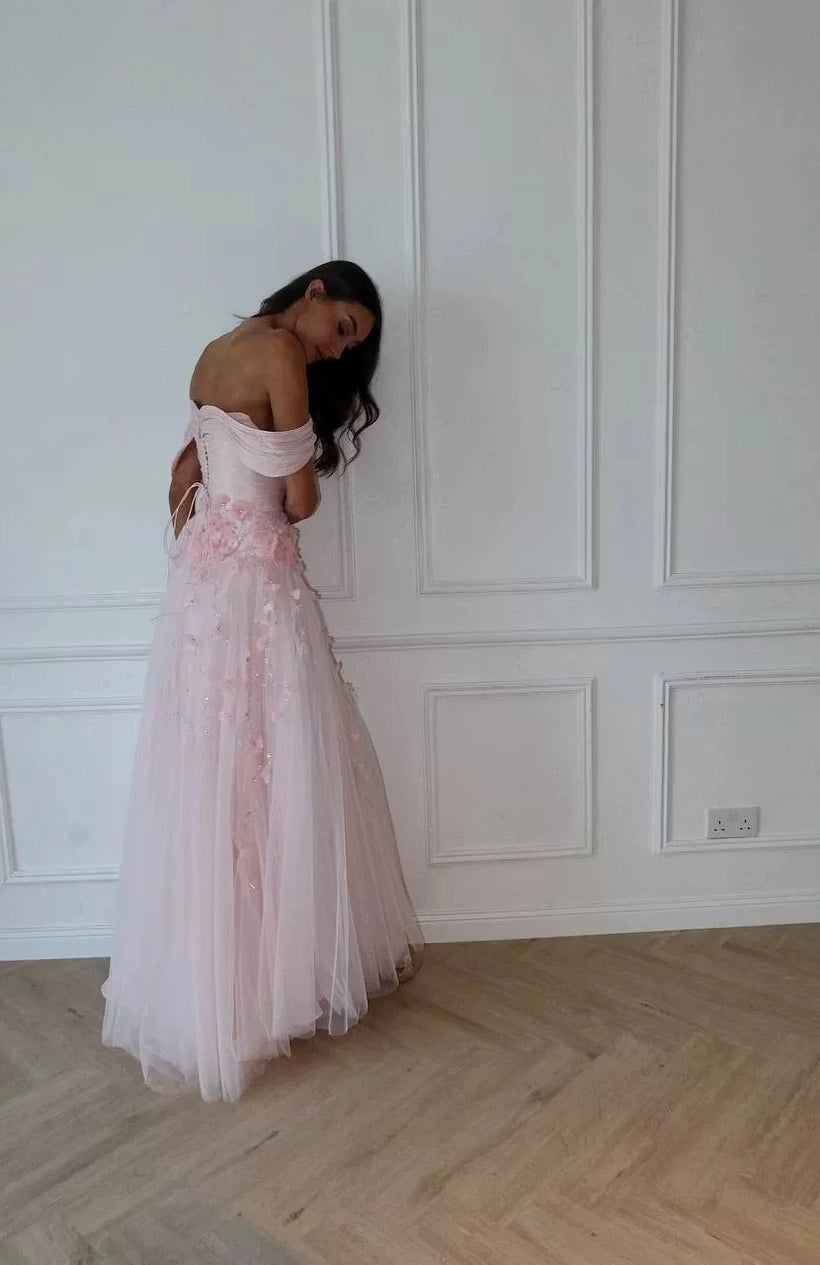Blushing Pink Tulle A Line Off The Shoulder Lace Up Back Floor Length Dress Back View - Jimiss