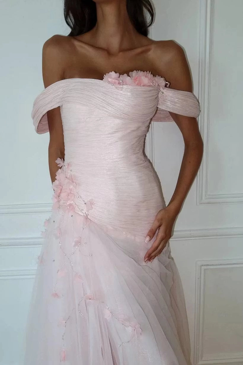 Blushing Pink Tulle A Line Off The Shoulder Lace Up Back Floor Length Dress Detail - Jimiss