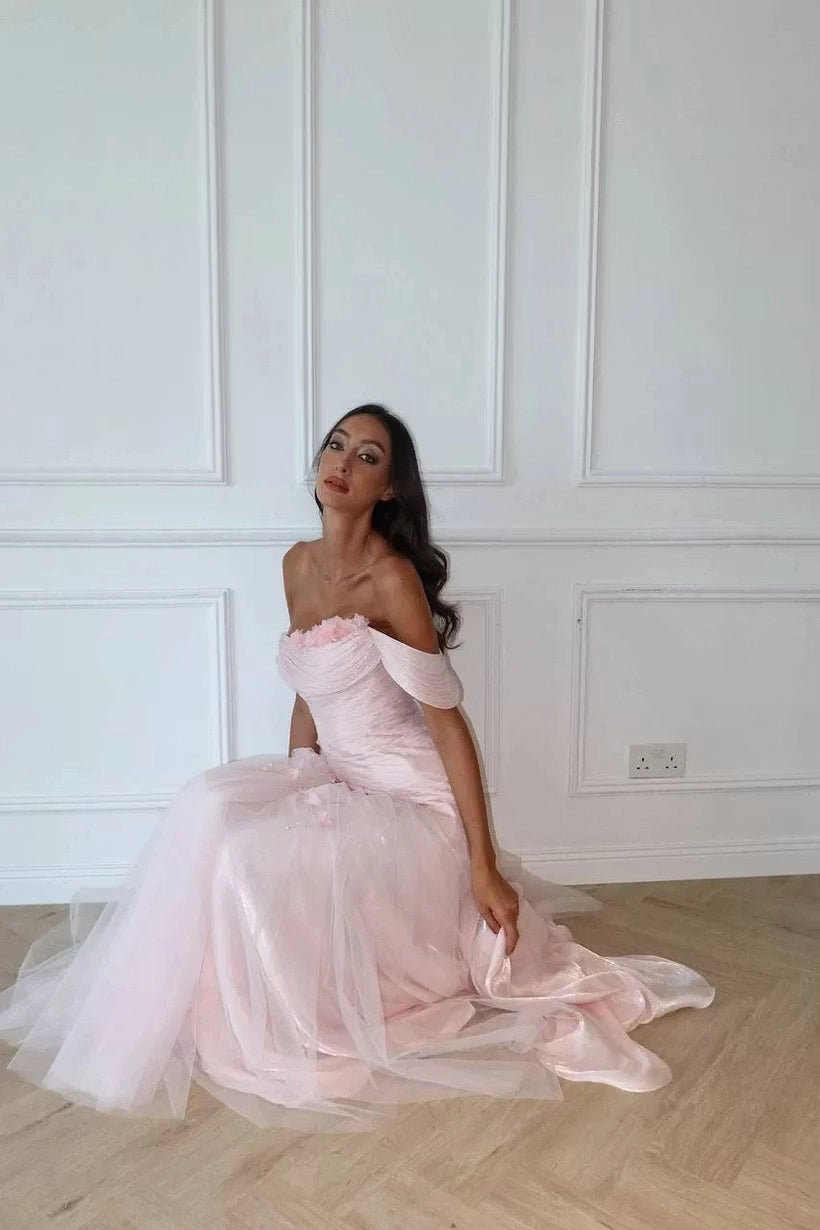 Blushing Pink Tulle A Line Off The Shoulder Lace Up Back Floor Length Dress Detail - Jimiss
