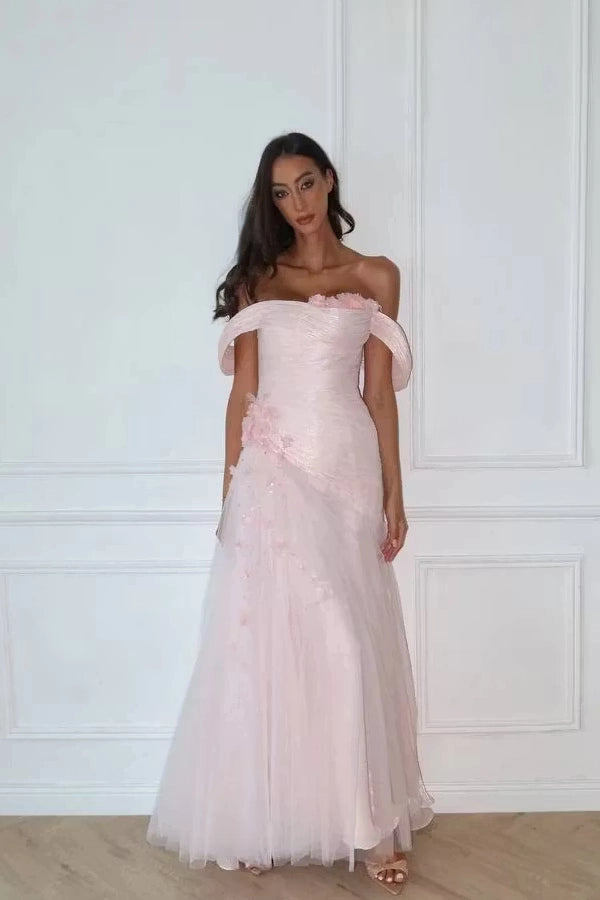 Blushing Pink Tulle A Line Off The Shoulder Lace Up Back Floor Length Dress Front View - Jimiss