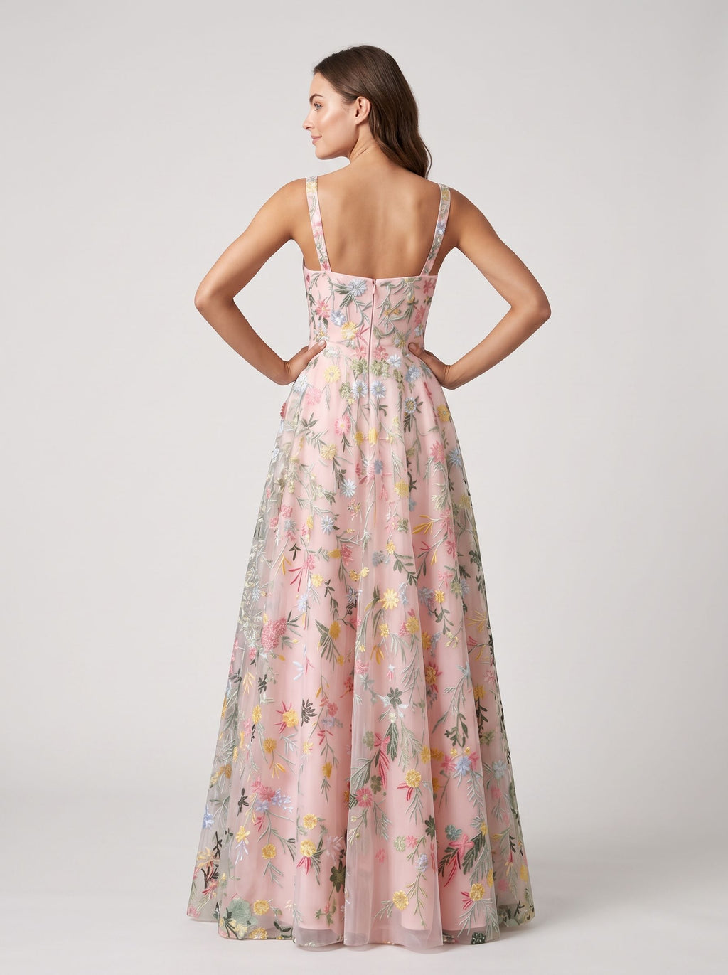 Blushing Pink Tulle A-Line Square Neck Zipper Back Floor Length Dress Back View - Jimiss