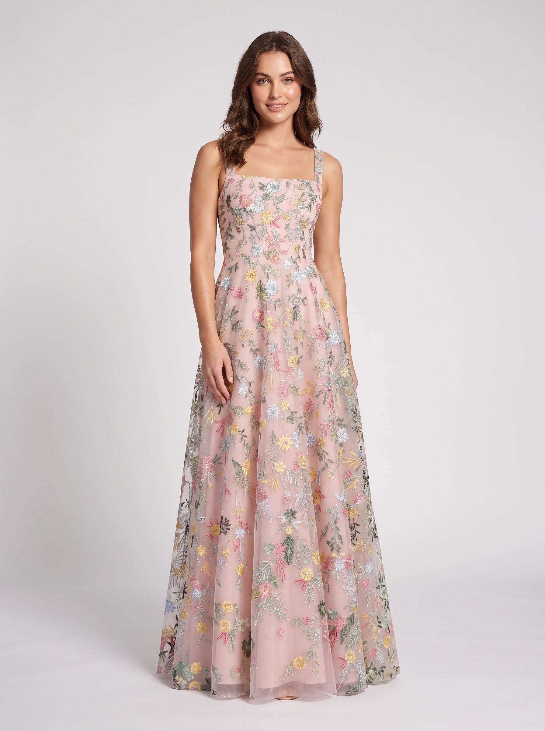 Blushing Pink Tulle A-Line Square Neck Zipper Back Floor Length Dress - Jimiss